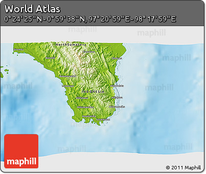 Physical 3D Map of the Area around 0° 42' 2" N, 97° 49' 29" E