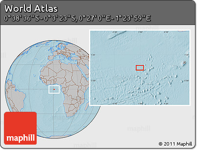 Gray Location Map of the Area around 0° 21' 0" S, 0° 55' 29" E, hill shading