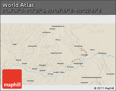 Shaded Relief 3D Map of the Area around 0° 21' 0" S, 102° 4' 29" E
