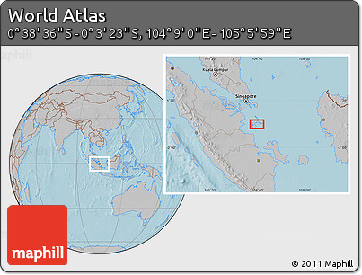 Gray Location Map of the Area around 0° 21' 0" S, 104° 37' 30" E, hill shading
