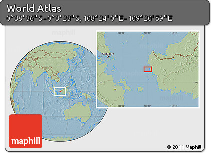 Savanna Style Location Map of the Area around 0° 21' 0" S, 108° 52' 30" E, hill shading