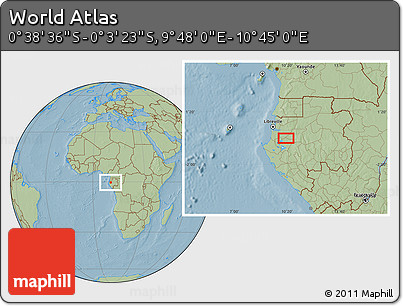 Savanna Style Location Map of the Area around 0° 21' 0" S, 10° 16' 30" E, hill shading