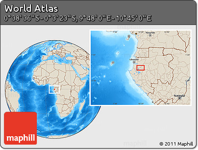 Shaded Relief Location Map of the Area around 0° 21' 0" S, 10° 16' 30" E