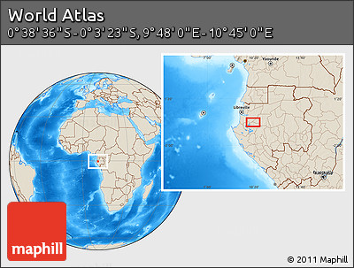 Shaded Relief Location Map of the Area around 0° 21' 0" S, 10° 16' 30" E