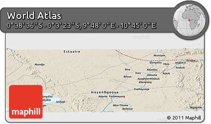 Shaded Relief Panoramic Map of the Area around 0° 21' 0" S, 10° 16' 30" E