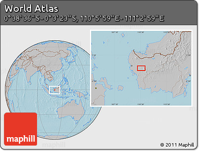 Gray Location Map of the Area around 0° 21' 0" S, 110° 34' 29" E, hill shading