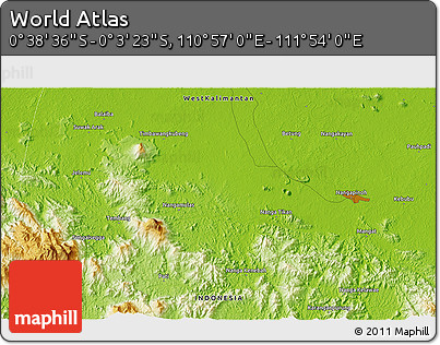 Physical 3D Map of the Area around 0° 21' 0" S, 111° 25' 30" E