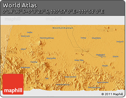 Political 3D Map of the Area around 0° 21' 0" S, 111° 25' 30" E