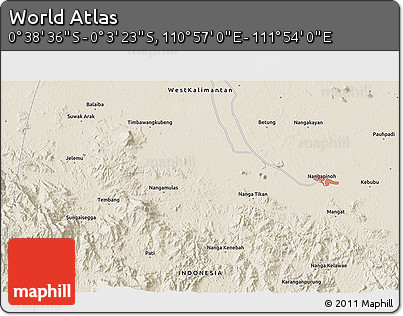 Shaded Relief 3D Map of the Area around 0° 21' 0" S, 111° 25' 30" E