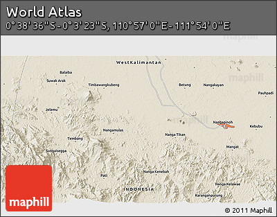 Shaded Relief 3D Map of the Area around 0° 21' 0" S, 111° 25' 30" E