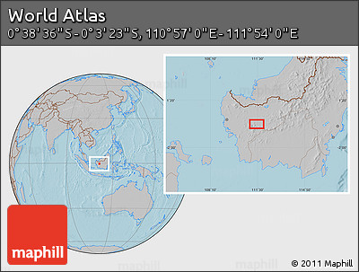 Gray Location Map of the Area around 0° 21' 0" S, 111° 25' 30" E, hill shading