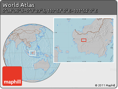Gray Location Map of the Area around 0° 21' 0" S, 111° 25' 30" E, hill shading