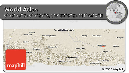 Shaded Relief Panoramic Map of the Area around 0° 21' 0" S, 111° 25' 30" E