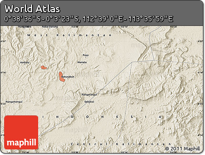 Shaded Relief Map of the Area around 0° 21' 0" S, 113° 7' 30" E