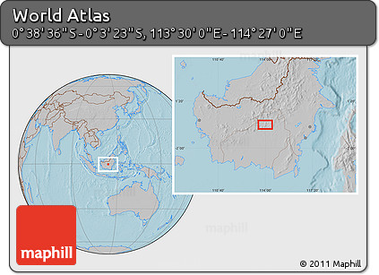 Gray Location Map of the Area around 0° 21' 0" S, 113° 58' 29" E, hill shading