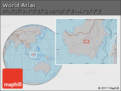 Gray Location Map of the Area around 0° 21' 0" S, 113° 58' 29" E, hill shading