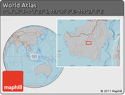 Gray Location Map of the Area around 0° 21' 0" S, 113° 58' 29" E, hill shading