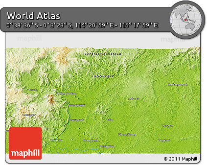 Physical 3D Map of the Area around 0° 21' 0" S, 114° 49' 29" E