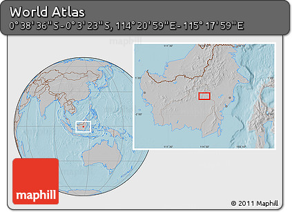 Gray Location Map of the Area around 0° 21' 0" S, 114° 49' 29" E, hill shading