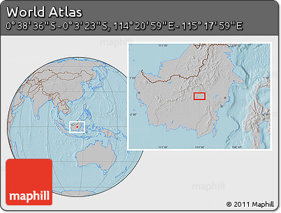 Gray Location Map of the Area around 0° 21' 0" S, 114° 49' 29" E, hill shading