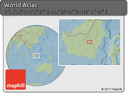 Savanna Style Location Map of the Area around 0° 21' 0" S, 114° 49' 29" E, hill shading