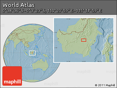 Savanna Style Location Map of the Area around 0° 21' 0" S, 114° 49' 29" E, hill shading