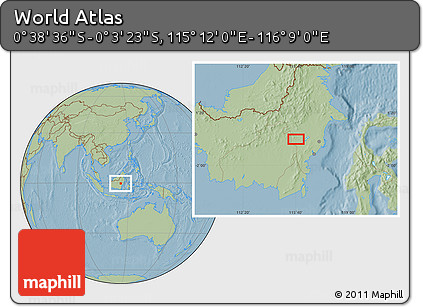Savanna Style Location Map of the Area around 0° 21' 0" S, 115° 40' 30" E, hill shading