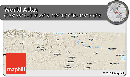 Shaded Relief Panoramic Map of the Area around 0° 21' 0" S, 115° 40' 30" E