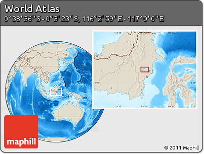 Shaded Relief Location Map of the Area around 0° 21' 0" S, 116° 31' 30" E
