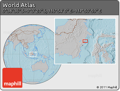 Gray Location Map of the Area around 0° 21' 0" S, 117° 22' 30" E, hill shading