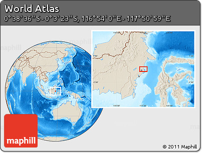 Shaded Relief Location Map of the Area around 0° 21' 0" S, 117° 22' 30" E
