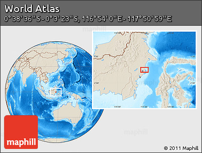 Shaded Relief Location Map of the Area around 0° 21' 0" S, 117° 22' 30" E