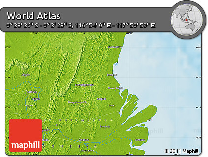 Physical Map of the Area around 0° 21' 0" S, 117° 22' 30" E