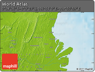 Physical Map of the Area around 0° 21' 0" S, 117° 22' 30" E
