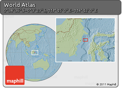 Savanna Style Location Map of the Area around 0° 21' 0" S, 118° 13' 29" E, hill shading