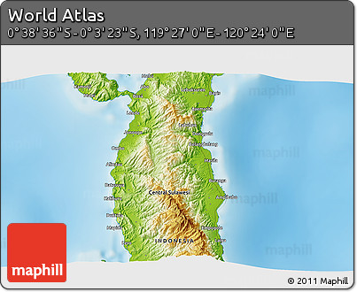 Physical 3D Map of the Area around 0° 21' 0" S, 119° 55' 30" E