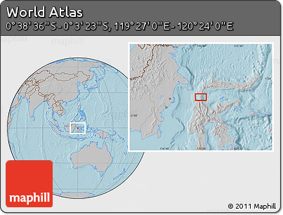 Gray Location Map of the Area around 0° 21' 0" S, 119° 55' 30" E, hill shading