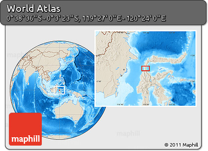 Shaded Relief Location Map of the Area around 0° 21' 0" S, 119° 55' 30" E