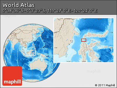 Shaded Relief Location Map of the Area around 0° 21' 0" S, 119° 55' 30" E