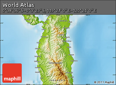 Physical Map of the Area around 0° 21' 0" S, 119° 55' 30" E