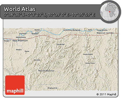 Shaded Relief 3D Map of the Area around 0° 21' 0" S, 11° 7' 30" E