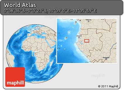 Shaded Relief Location Map of the Area around 0° 21' 0" S, 11° 7' 30" E