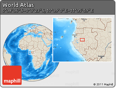 Shaded Relief Location Map of the Area around 0° 21' 0" S, 11° 7' 30" E