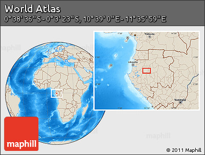 Shaded Relief Location Map of the Area around 0° 21' 0" S, 11° 7' 30" E