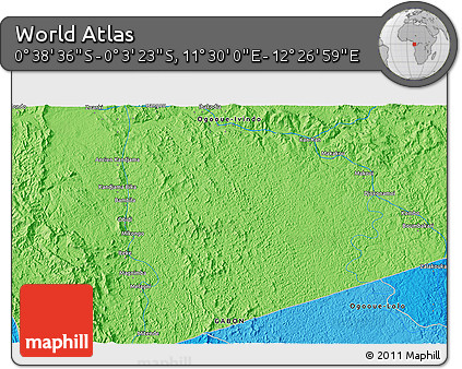 Political 3D Map of the Area around 0° 21' 0" S, 11° 58' 29" E