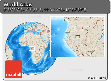 Shaded Relief Location Map of the Area around 0° 21' 0" S, 11° 58' 29" E