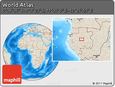 Shaded Relief Location Map of the Area around 0° 21' 0" S, 11° 58' 29" E