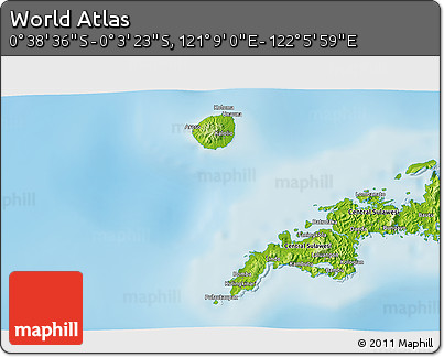Physical 3D Map of the Area around 0° 21' 0" S, 121° 37' 30" E
