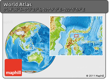 Physical Location Map of the Area around 0° 21' 0" S, 121° 37' 30" E