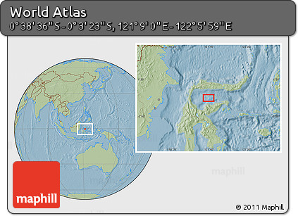 Savanna Style Location Map of the Area around 0° 21' 0" S, 121° 37' 30" E, hill shading